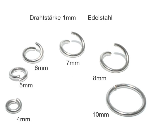 20x stabile Ösen, 1mm dick  Edelstahl Ringe, Binderinge für Schmuck, 4-8mm ( K/5-D5+C7+8